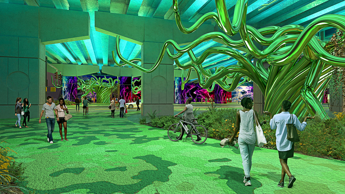concept rendering of a lit green space under a florida highway